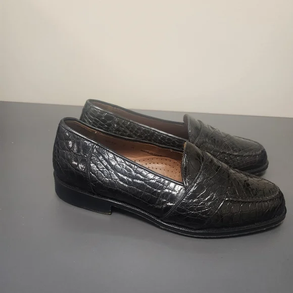Magnanni Black Crocodile Leather Penny Loafers Shoes Size 8